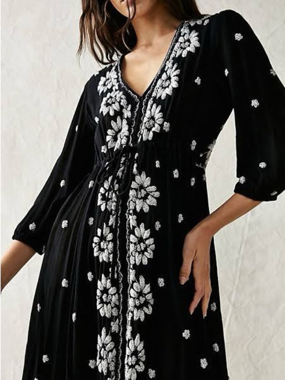 Free People Embroidered floral Black Midi Dress with White Floral Embroidery - Picture 2 of 4